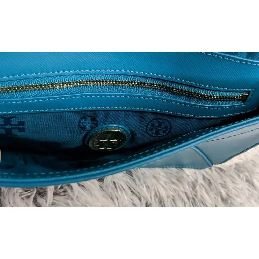 Tory Burch Robinson Envelope Clutch Saffiano Leather Pocket Chain Turquoise Blue